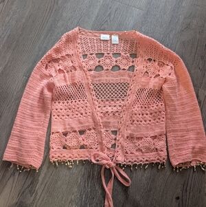 Soft Surroundings Coral Pink Crochet Tie-Front Cardigan